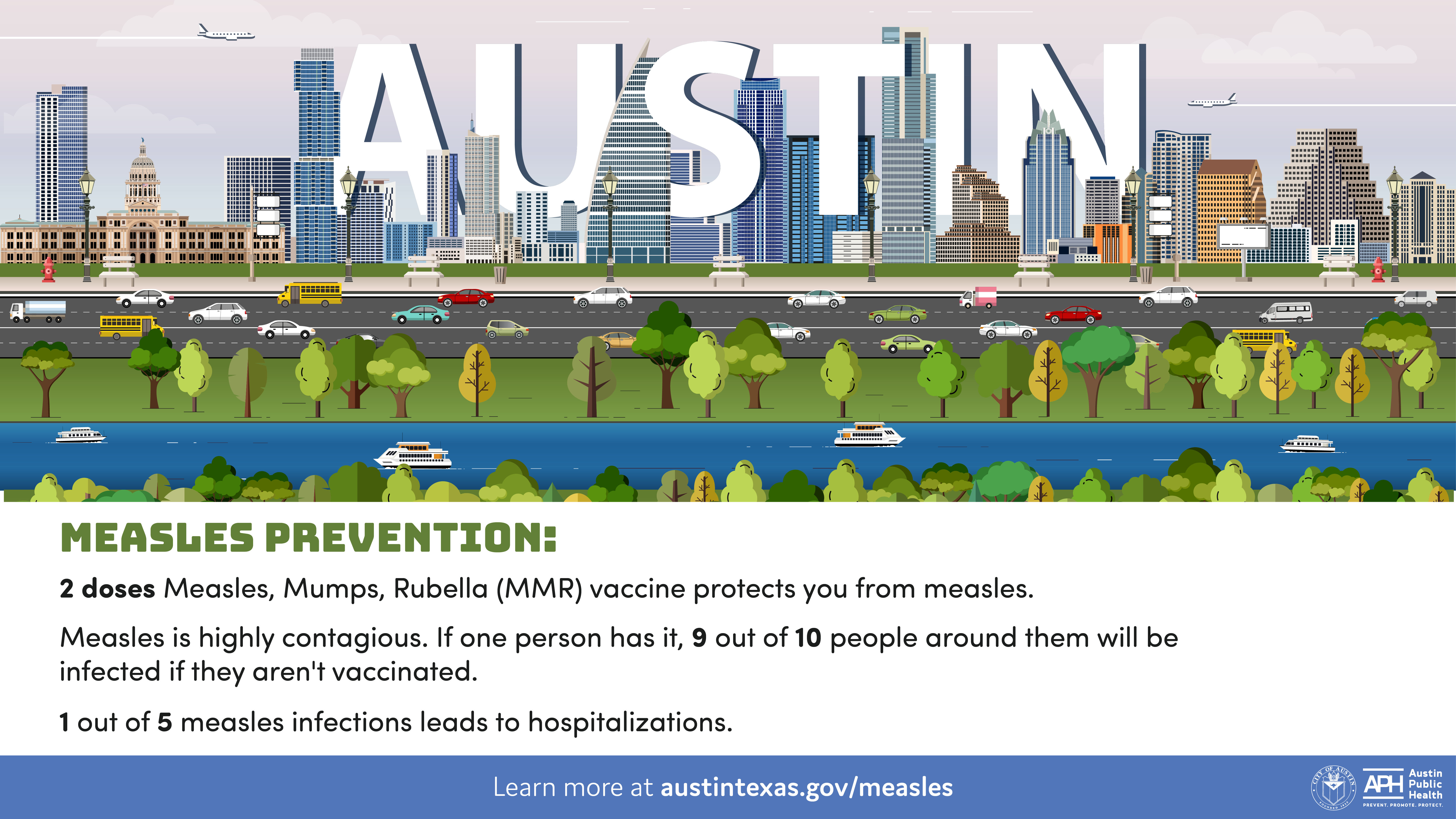 From top to bottom: Text reads Austin with buildings and trees. Text reads: Measles Prevention.